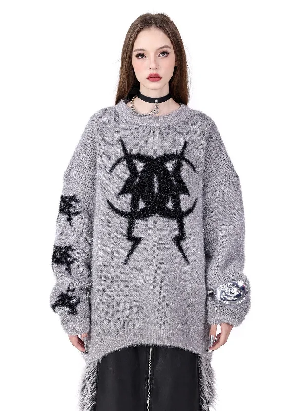 PINKSPINK Gothic Symbol Oversized Sweater - Grey and Pink Spandex Blend Rayon Blend Denim Blend