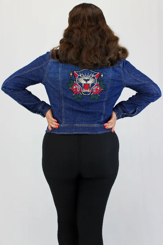 Embroidered Panther Denim Jacket Mesh Jacket Canvas Jacket Denim Jacket