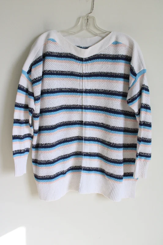 LOFT White Blue Knit Striped Sweater | M Solid Color Striped Floral Print