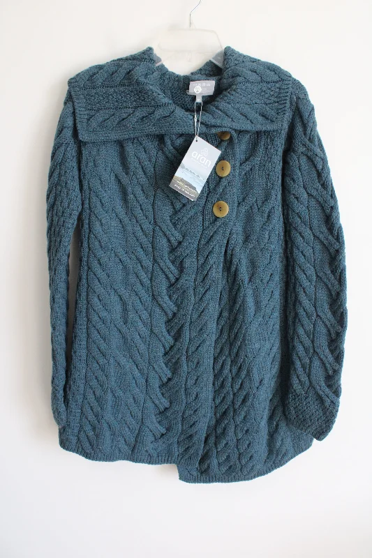 NEW Aran Woollen Mills Super Soft Merino Teal Knit Sweater | M Solid Color Striped Floral Print