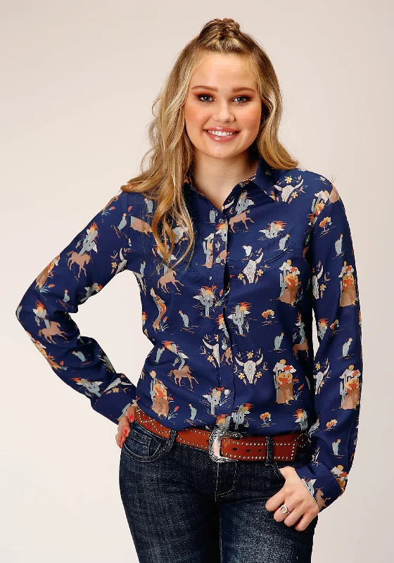 WOMENS LONG SLEEVE SNAP  COWBOY PRINT RAYON  WESTERN SHIRT Rayon Velvet Corduroy