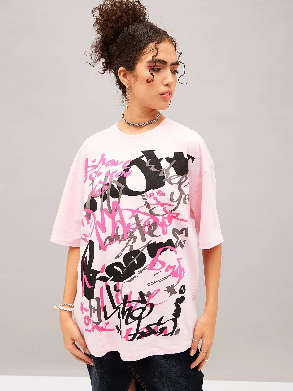 Lyush Women Pastel Pink Abstract Print Oversized T-shirt Fashionable Trendy Casual