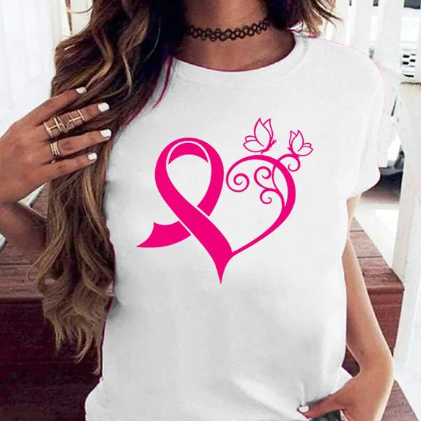 Pink Ribbon Heart Print Women’s T-Shirt Mesh Canvas Denim