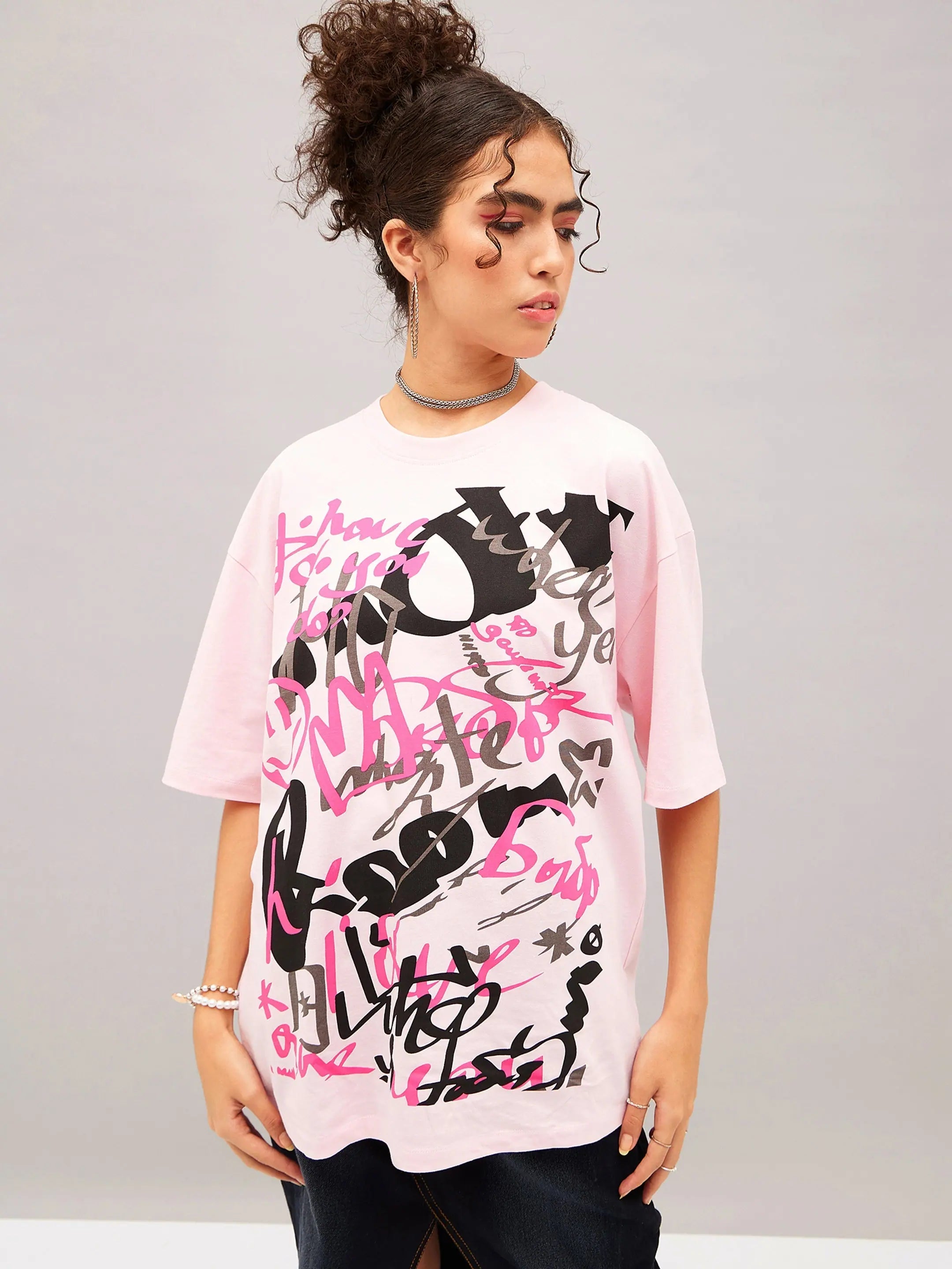 Women Pastel Pink Abstract Print Oversized T-Shirt Machine Wash Dry Clean Hand Wash