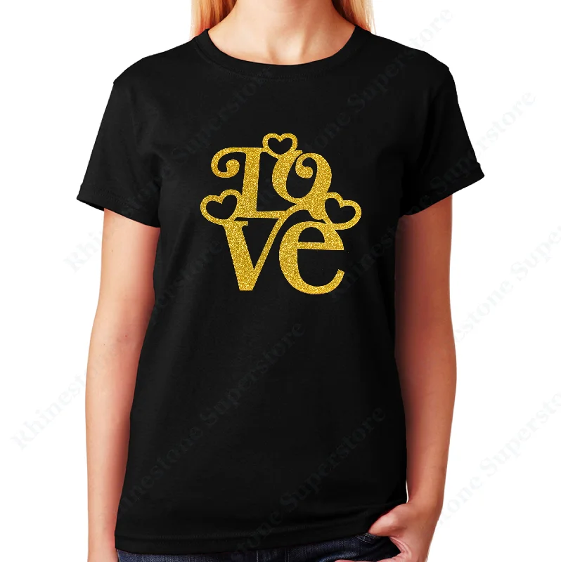 Women's / Unisex T-Shirt with Love with Hearts in Gold Glitters Denim Fabric Leather Fabric Suede Fabric