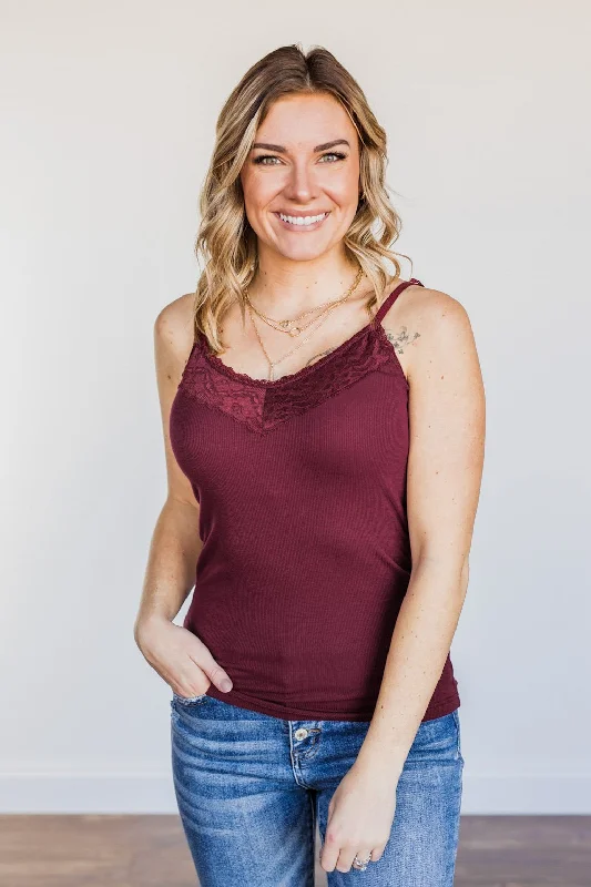 Pulse Basics All You Ever Wanted Lace Tank- Burgundy metallic tank top