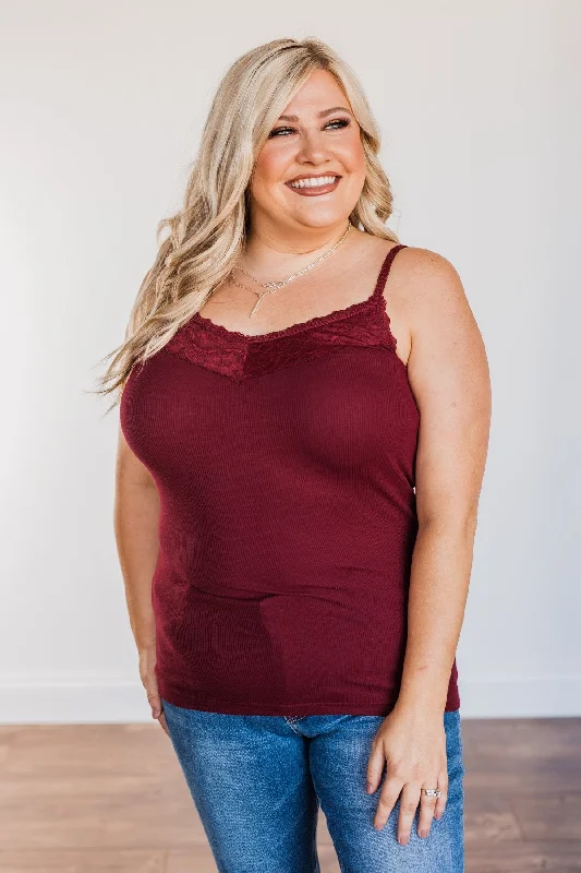 Pulse Basics Lace Trimmed Tank Top- Burgundy rhinestone tank top