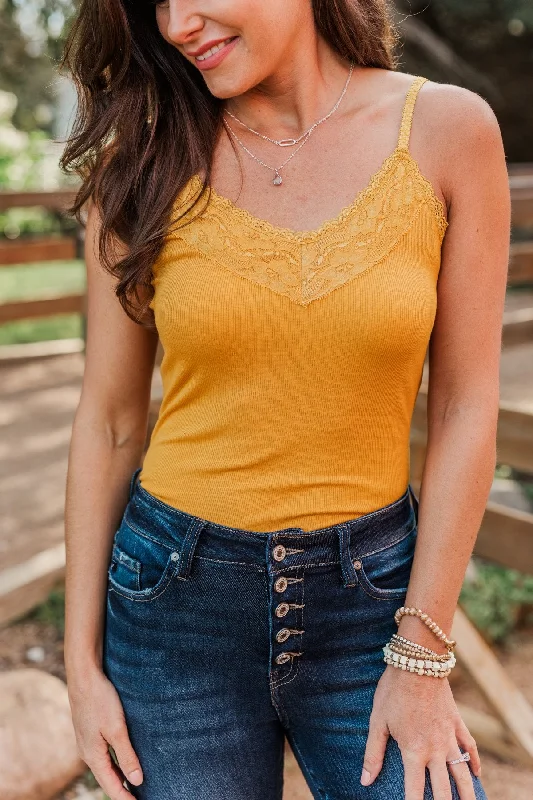 Pulse Basics Lace Trimmed Tank Top- Mustard lightweight tank top