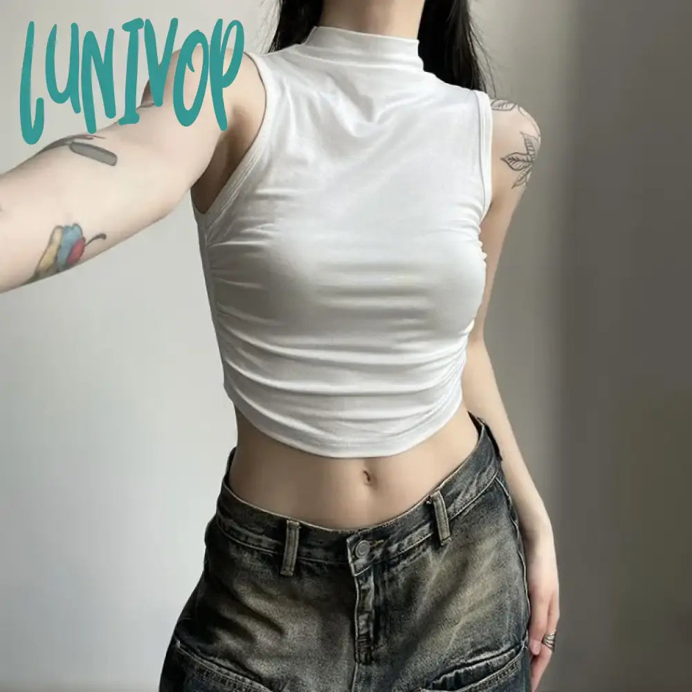 Lunivop American Half-high Collar Sleeveless Tops Mujer 2024 Summer New Vest for Women Y2k E-Girl Sexy Slim Fit Black Tank Top charcoal tank top