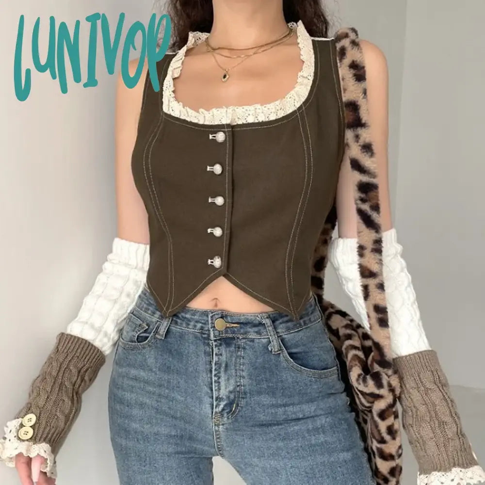 Lunivop American Retro Lace Patchwork Tank Top 2024 Summer New All-match Vest for Women Y2k Grunge Sleeveless Single Breasted Tops sage tank top