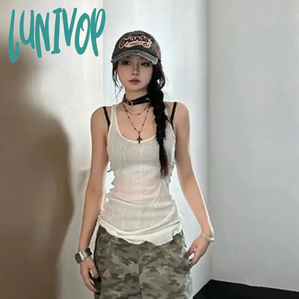 Lunivop American Retro White Camisole Vest 2024 Summer New See Through Mesh Tank Top Y2k Irregular Slim Fit Sleeveless Tops Women casual tank top