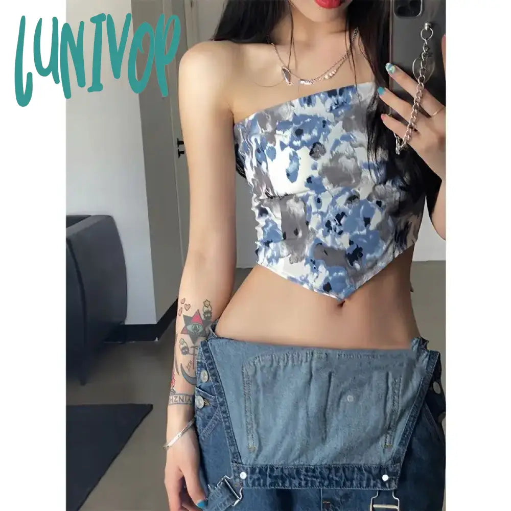 Lunivop Fashion Sweet Tie Dye Strapless Vest for Women 2024 Summer New Tank Top Y2k Irregular Slim Fit Bottoming Camisole Tops peach tank top