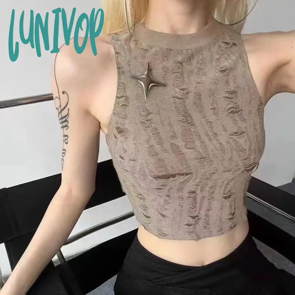 Lunivop Fashion Vintage Hole Slim Fit Vest for Women Y2k E-Girl O-neck Sleeveless Tops Mujer 2024 Summer New Gray Knitted Tank Top grey tank top