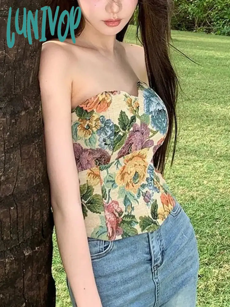 Lunivop Vintage Floral Print Vest Women Sexy Off Shoulder Strapless Vest Female Korean Fashion Casual Sleeveless Tank Tops Summer comfortable tank top