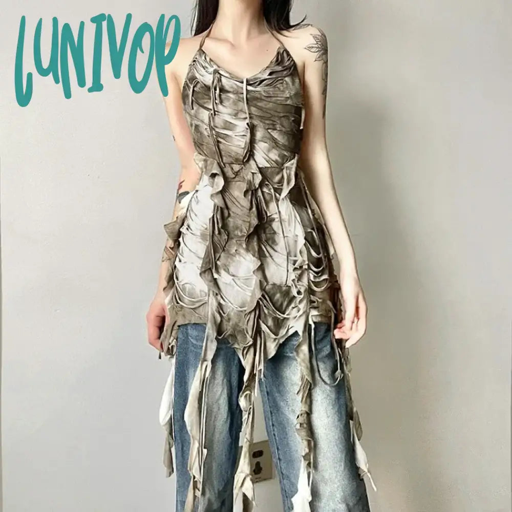 Lunivop Vintage Tie-dye Hole Tassel Halter Camisole Tops Summer Sexy Backless Vest for Women 2204 New Irregular Slim Fit Tank Top summer tank top