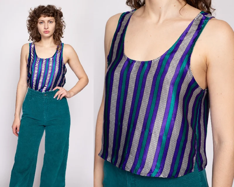 90s Purple & Teal Striped Satin Cropped Tank - Small rhinestone tank top