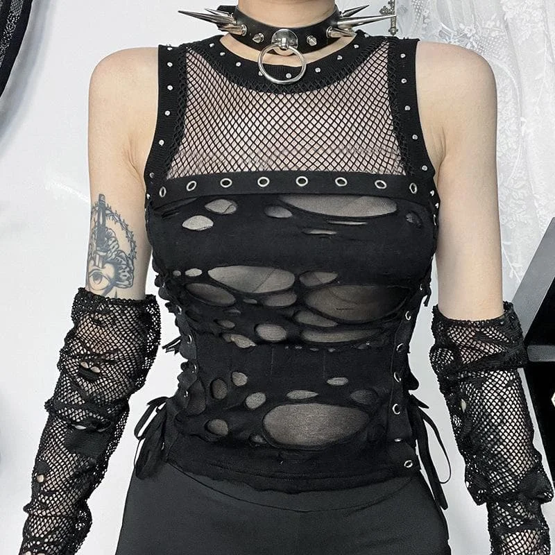 Crewneck fishnet buckle hollow out lace up tank cut out top black tank top