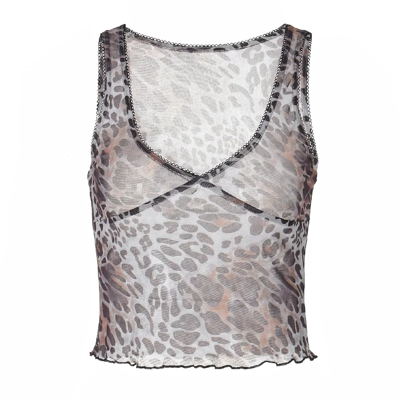 Leopard print sheer mesh ruffle tank top activewear tank top