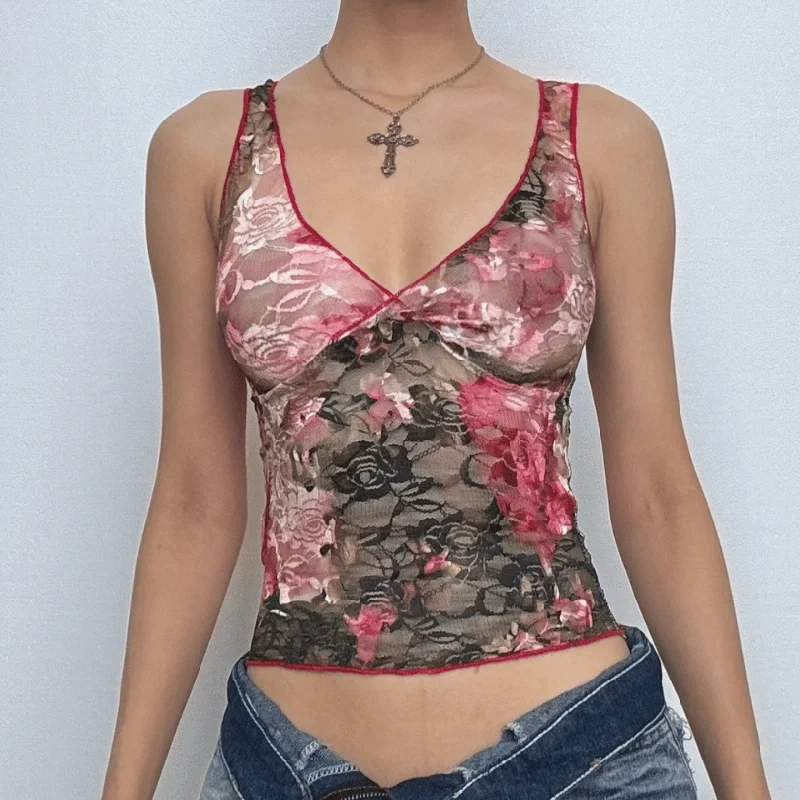 Lace v neck flower pattern stitch tank top flexible tank top