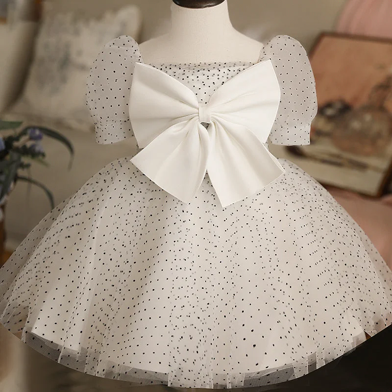 Flower Girl Dresses Baby Girl White Polka Dot Big Bow Knot Birthday Party Princess Dress Boatneck Modish Everyday