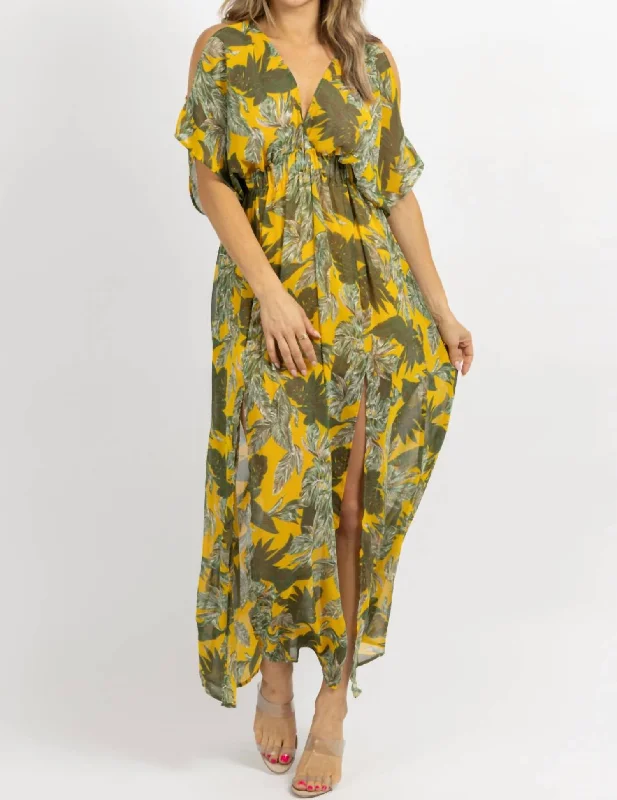 Cold Shoulder Maxi Dress In Yellow  Palm Turtleneck Neckline Stylish