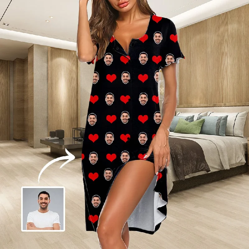 Custom Face Red Love Heart Women's Pajama Dress - Black Tunics Bridal satin