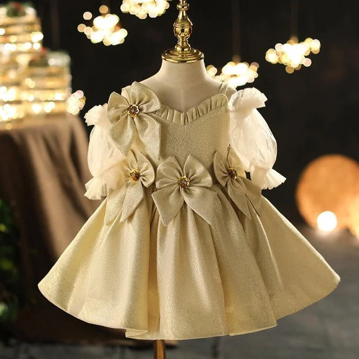 Toddler Ball Gowns Little Girl Flower Puff Sleeves Champagne Bow Princess Dress Boatneck Modish Everyday