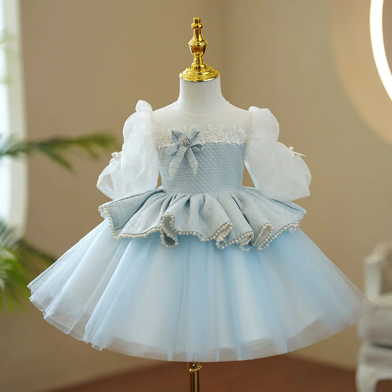 Baby Girl First Communion Dress Girl Princess  Puff Sleeves Beaded Fluffy Birthday Party Dress Tunics New arrival