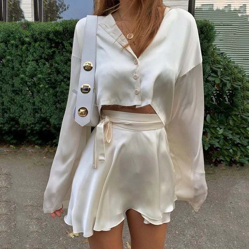 DressBetty - White Elegant Satin Sexy Crop Lantern Long Sleeve Mini Tennis Sports Skirt Tunics Leisure comfortable