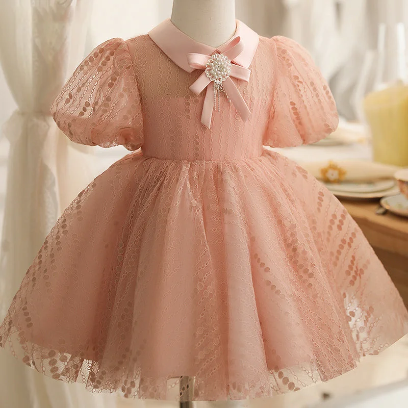 Baby Girl Summer Pink Puff Sleeves Bead Flower Princess Dress Tunics Practical easy-care