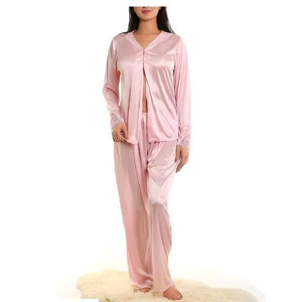 Front Open Top And PJ Set Nightdress For Women Crew Neckline Sporty