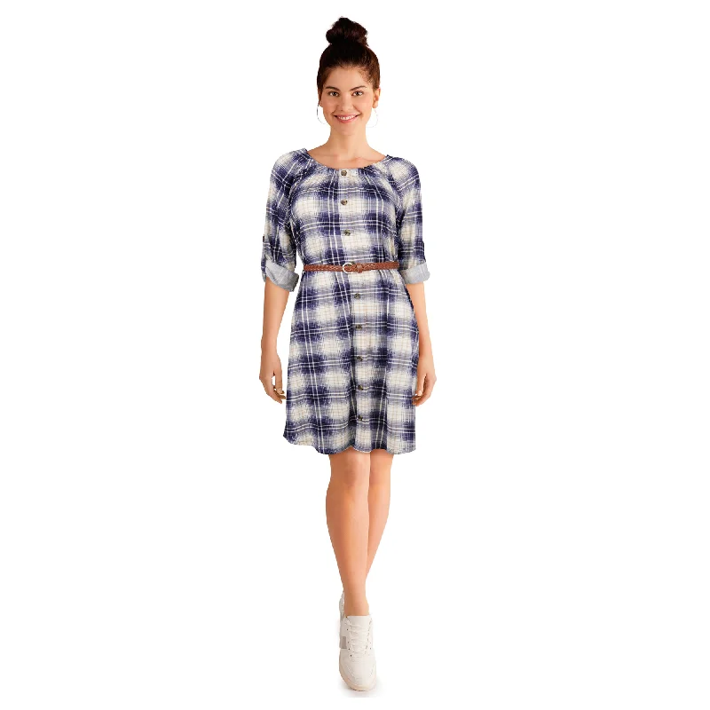 mySTYLE Women's Quest Belted Plaid Dress Tunics Sophisticated sleek