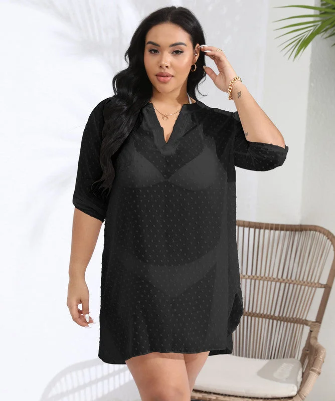 Plus Size V-neck Polka Dot Jacquard Chiffon Beach Cover-up Shirt Dress Black Tunics Sale discount