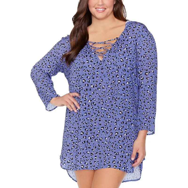 Raisins Womens Plus Hooded Dress Cover-Up Tunics Print Colorful