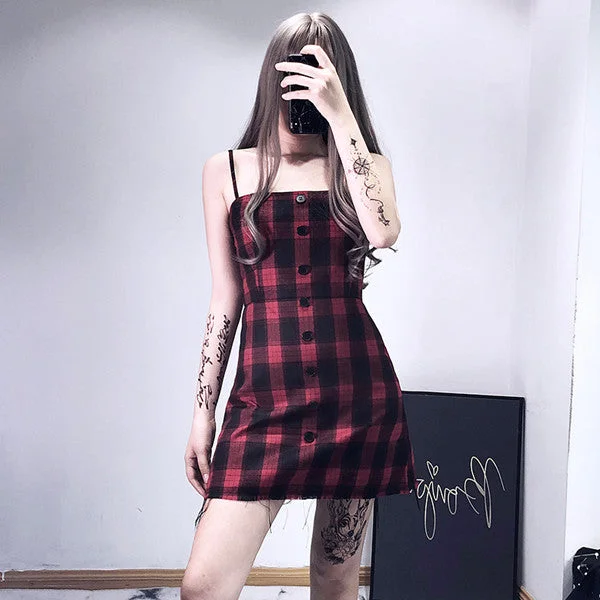 Red and black plaid strap dress yv42334 Tunics Summer linen