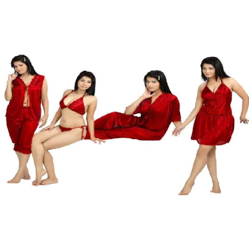 Red Color Bridal 6Pc Stylish Gown Nighty Set | Bridal Nightwear Dress Complete set Tunics Stylish elegant