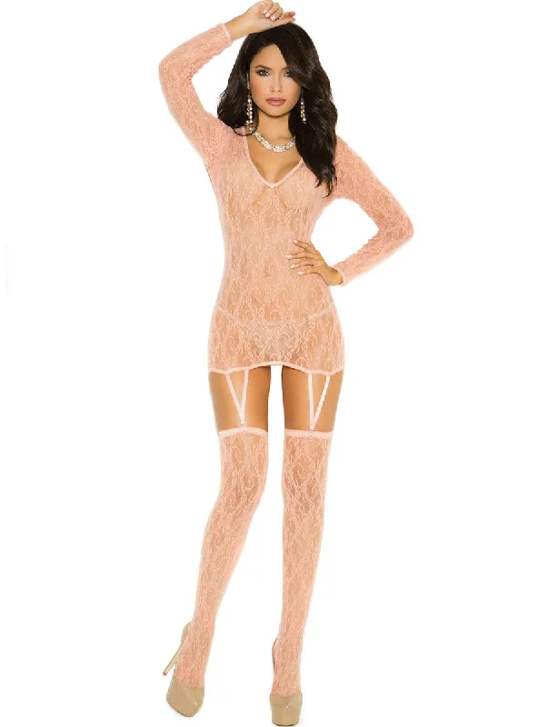 Sheer Light Pink Lace Womens Dress and Stockings Set Tunics Timeless classic