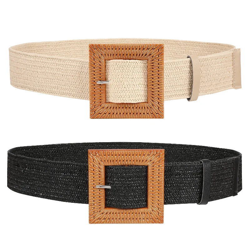 Straw Woven Elastic Stretch Belts Women, Wide Boho Braided Dress Belts with Wooden Style Buckle by JASGOOD empire Waist empire