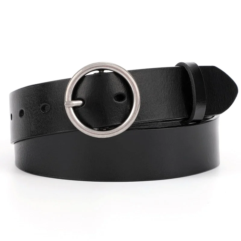 Women Casual Dress Belt Fashion Leather Belt with O Ring Buckle for Jeans Pants Crew Neckline Sporty