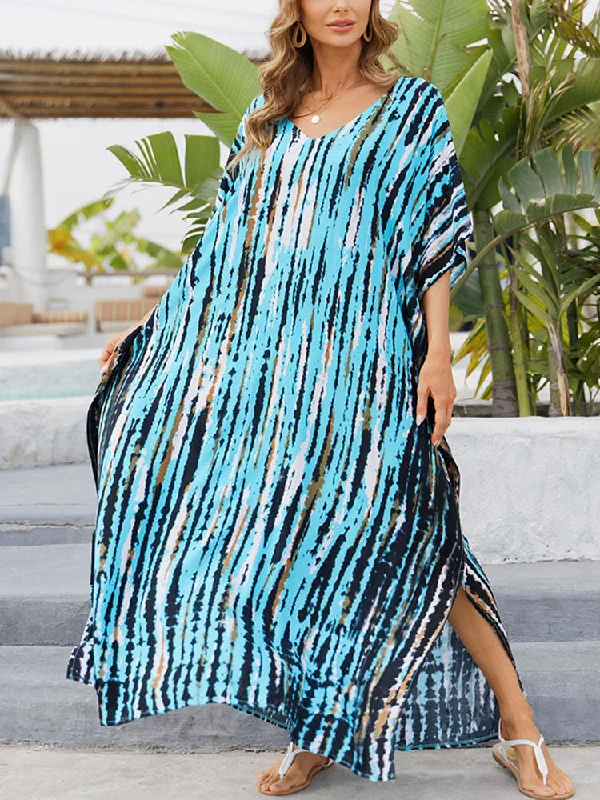 Women Print Beach Kaftan Dress Short Sleeve Plus Size Bathing Suit Cover Ups Tunics Travel practical