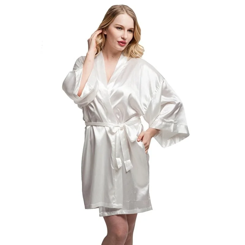 Women's White Satin Mini Night Bathrobe Wedding Bride Dress Robe Sleepwear Tunics Chic elegant