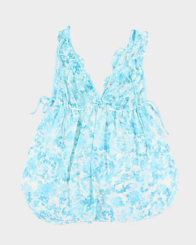 Y2k 00s La Vie En Rose Blue Pattern Mesh Slip Dress - M sweetheart Neckline Romantic